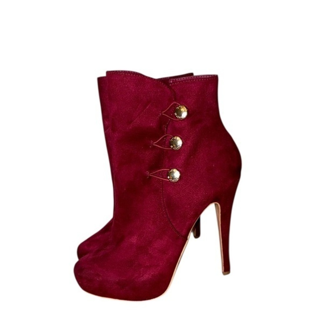 Bebe Red Wine Burgundy Stiletto High Heel Suede Ankle Boot Booties Shoes sidezip